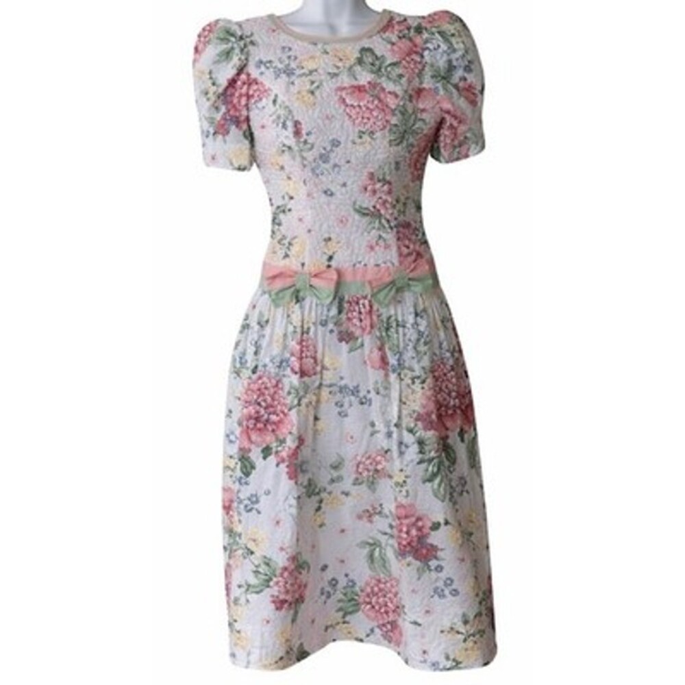 Vintage Algo Floral Quilted Bodice Midi Dress Pink Green Cotton Made in Canada 7